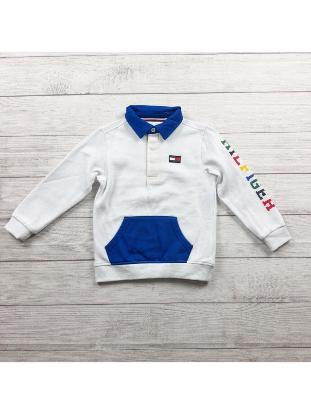 Tommy Hilfiger Boys Long Sleeve White Pullover Polo Shirt Blue Collar Pocket 4T